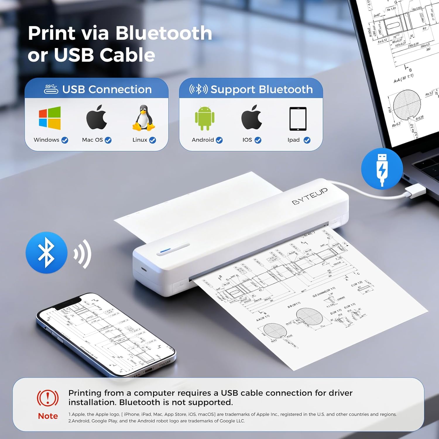 ByteUp C80 Portable Inkless Thermal Printer | Bluetooth Wireless, Compact Travel Printer for iOS/Android/PC | Ideal for Office, School, Tattoo Stencils & DIY Projects | Ink-Free, 8.5"x11" Letter Paper