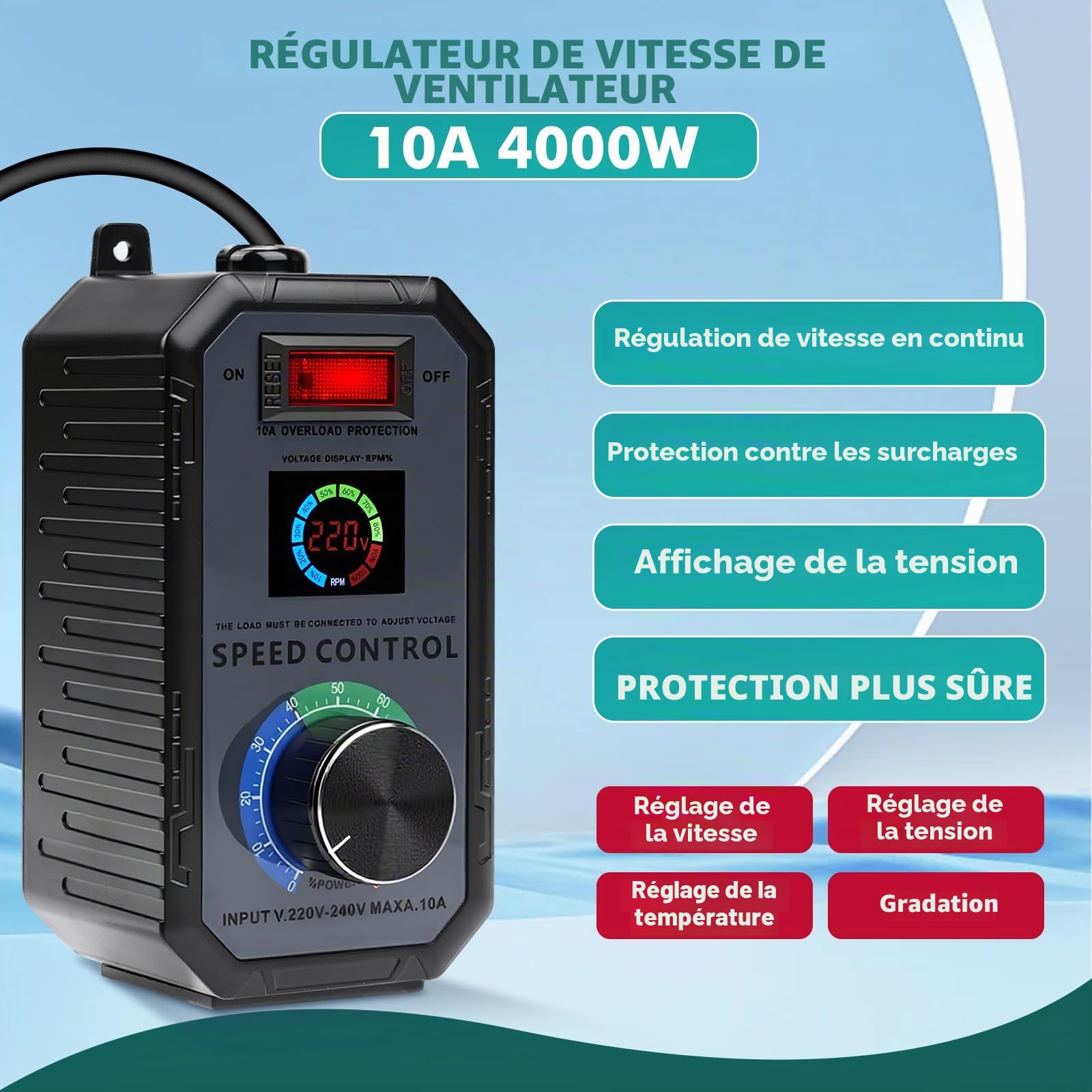 Variateur de Vitesse pour Moteur 220V, 4000W Régulateur de Tension 220V 10A Variateur de Vitesse Continu avec un Nouvel écran LCD，pour Ventilateur/Meuleuse d'angle/Souffleur/Perceuse électrique