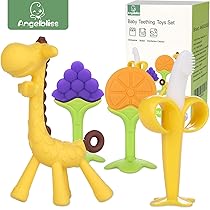 ANGELBLISS Massaggia Gengive Neonati, Giocattolo Dentizione, Mastica Silicone Frutta Massaggiagengive, Senza BPA per Bambini（4 Pezzi）