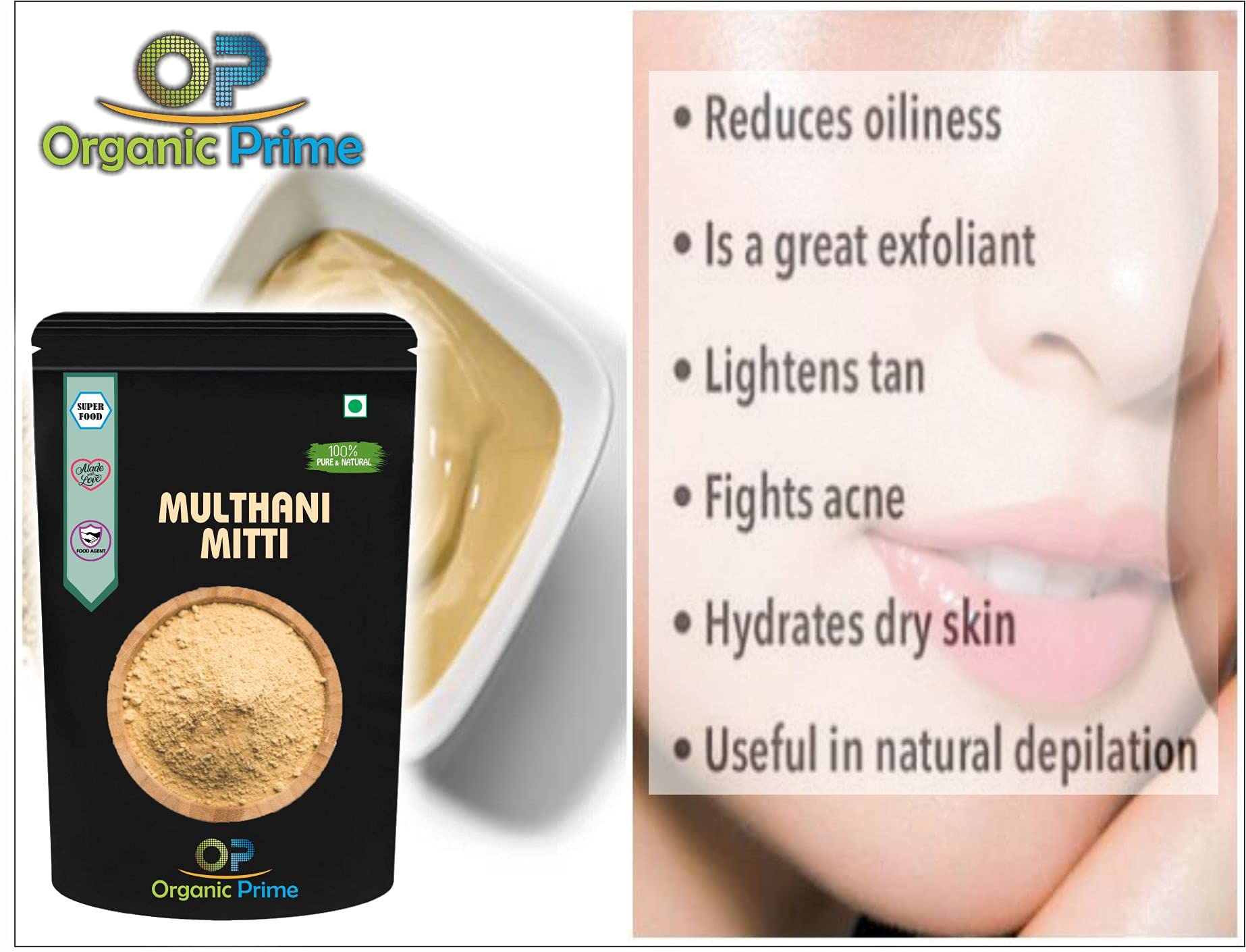 Organic Prime Multhani Mitti Powder for Face, Skin Whitening - 500 GM X 2 = 1 KG By Organic Prime 2