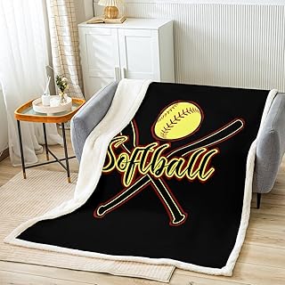 Softball Blanket for Boys Girls Kids Super Soft Warm Sports Game Sherpa Fleece Blanket Sport Softball Throw Blankets Yellow Black Red Bed Blanket Gifts for Teens Women(Queen 90