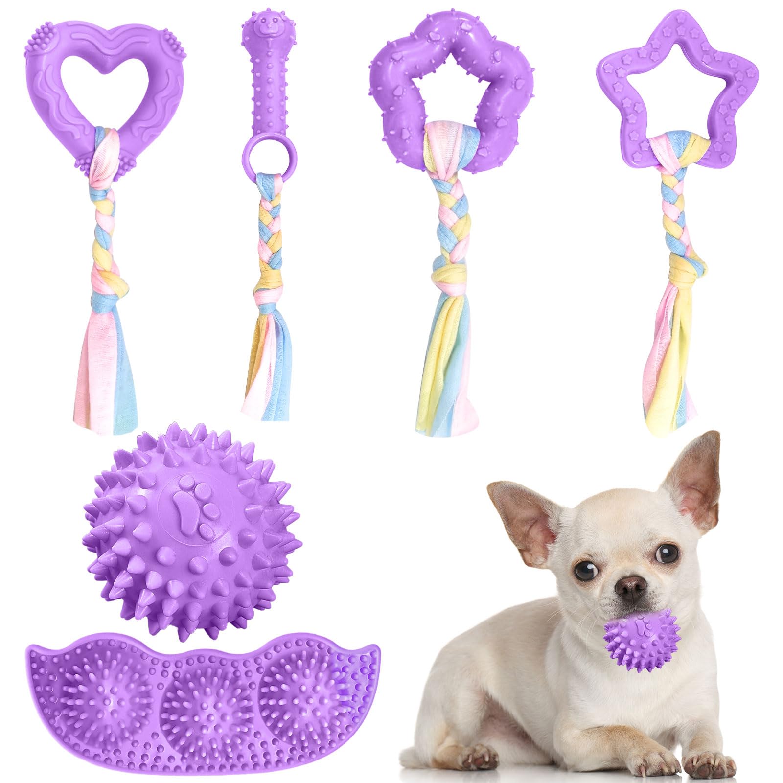 ABRRLO 6 Pack Puppy Teething Toys Cute Small Dog Toys Durable Puppy Chew Toy for Teething Essentials Purple Soft Rubber Small Breed Dog Squeaky Balls