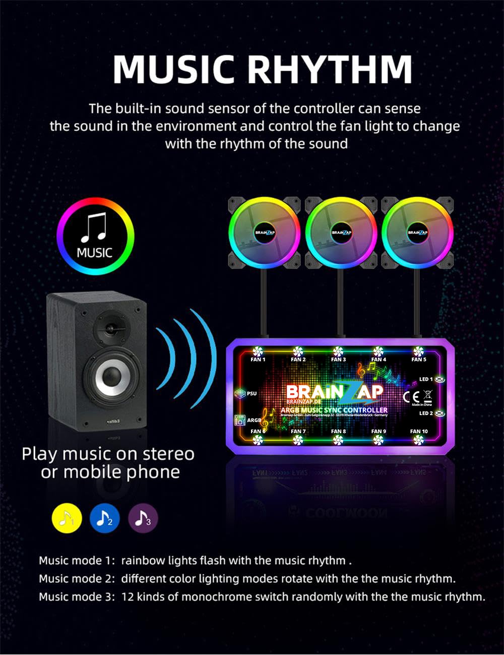 1-10x SET BRAINZAP 120mm LED A-RGB/RGB Silent Case Fan Set inkl. Controller Gehäuse Lüfter MSI Aura Asus Gigabyte Coolmoon (8x Lüfter + Controller)