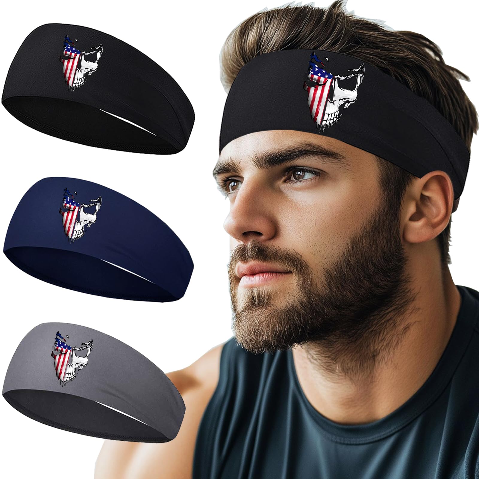 3pcs Sports Sweat Bands Headbands for Men Sweatbands Skull Workout Cooling Headbands for Men Women Running Headband Hairband Elastic Men's Head Sweat Band for Football