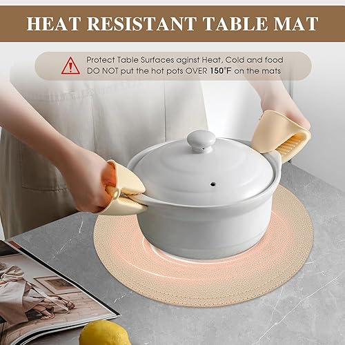 Miniatura 3 de Juego de 4 manteles individuales y posavasos redondos de piel sintética, tapetes de café, impermeables, fáciles de limpiar para cocina, comedor,