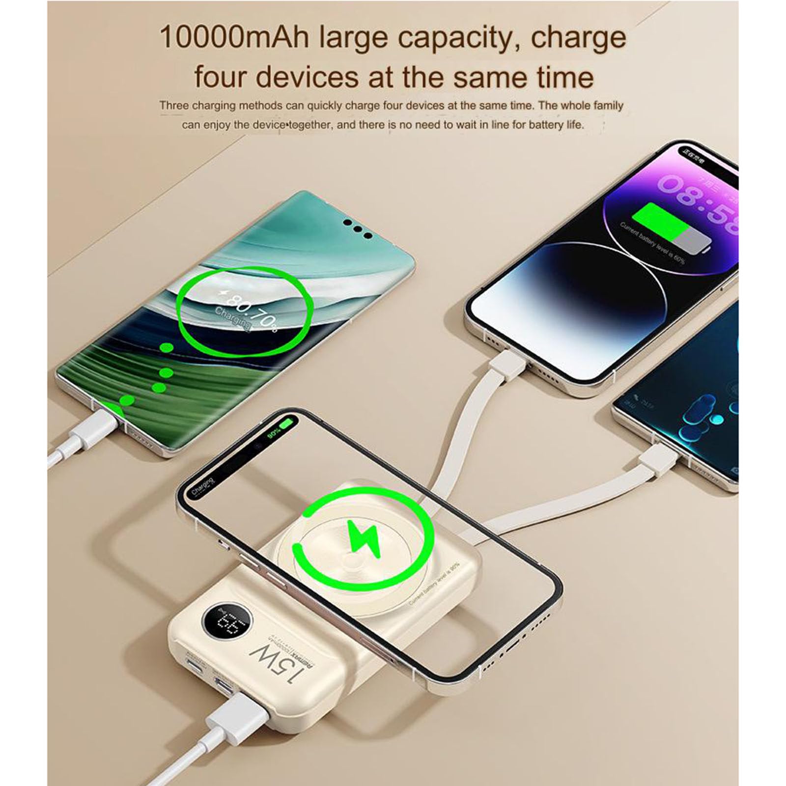 Batterie externe 10000Mah 20W + 22.5W, charge rapide, fil intégré, charge magnétique sans fil, Protection de sécurité Multiple, alimentation électrique Mobile,D