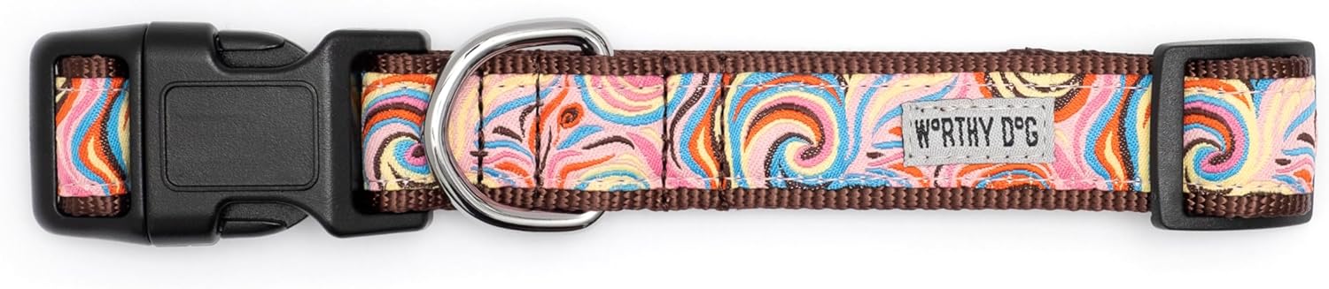 THE WORTHY DOG Collar for Large Dogs, Adjusts 15-21 inches, Durable Nylon Webbing, Quick Release Buckle, Swirly Pattern, Pink, Large
