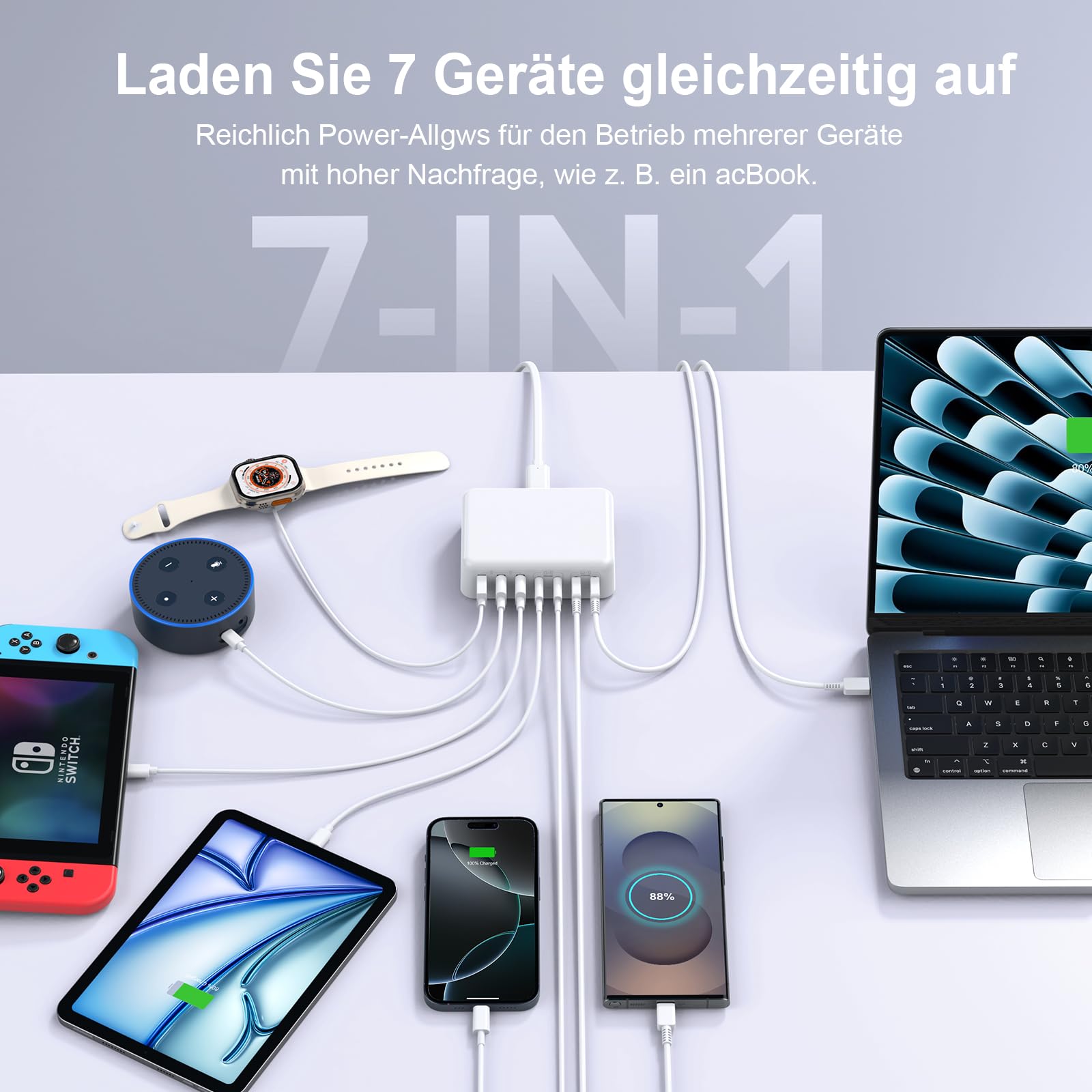 Cargador múltiple USB C de 180 W, estación de carga USB 7 en 1 GaN con 65 W y 20 W puertos de salida compartidos para MacBook Pro/Air, iPhone, Google, iPad, Lenovo, HP
