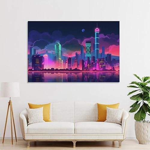 Miniatura 4 de Vaporwave Synthwave - Póster de paisaje urbano futurista de neón en lienzo, pósteres e impresiones, pinturas para decoración de pared para
