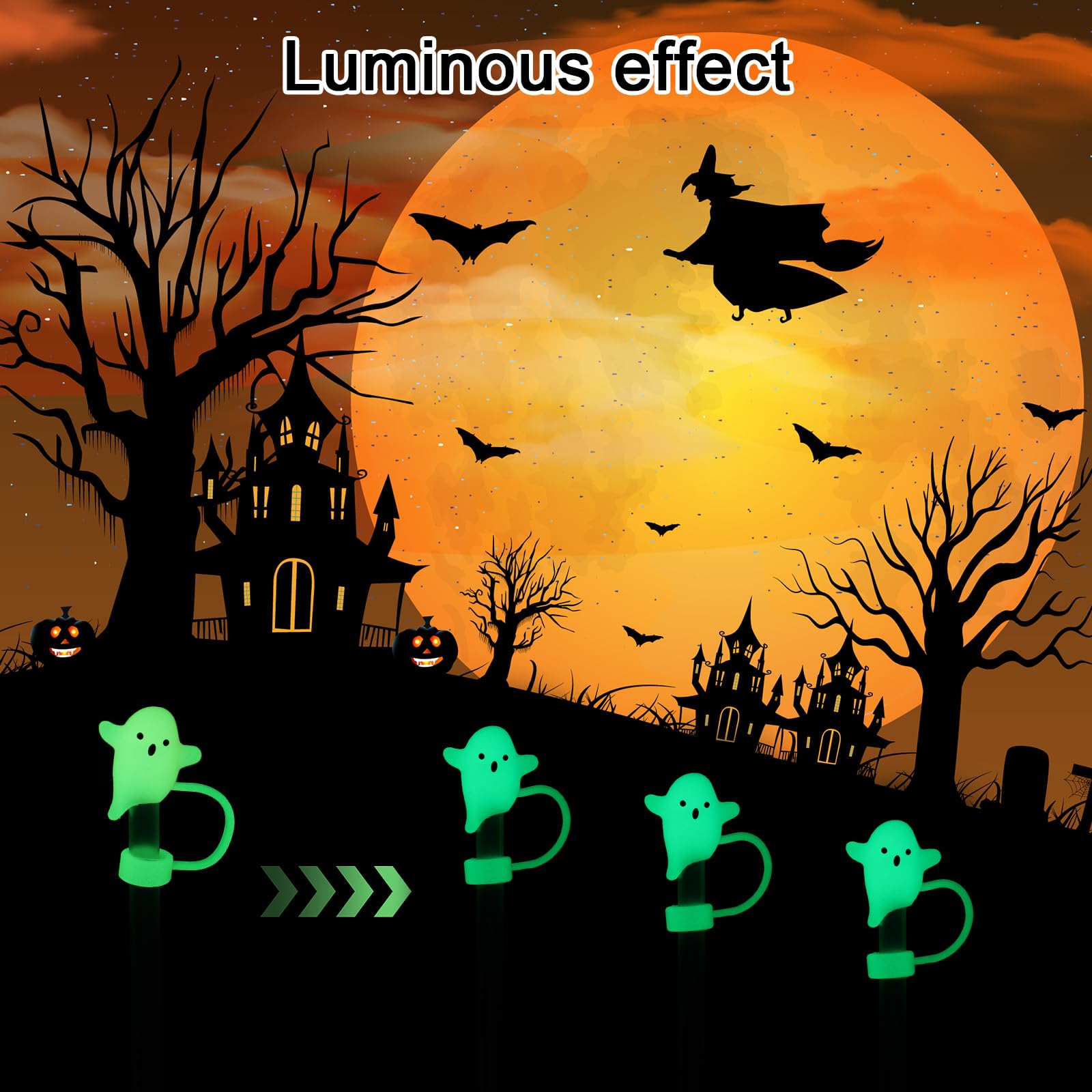 5 Stück Halloween Strohhalm-Topper Aus Silikon – Fledermaus, Geist, Eule, Kürbis, Zauberhut