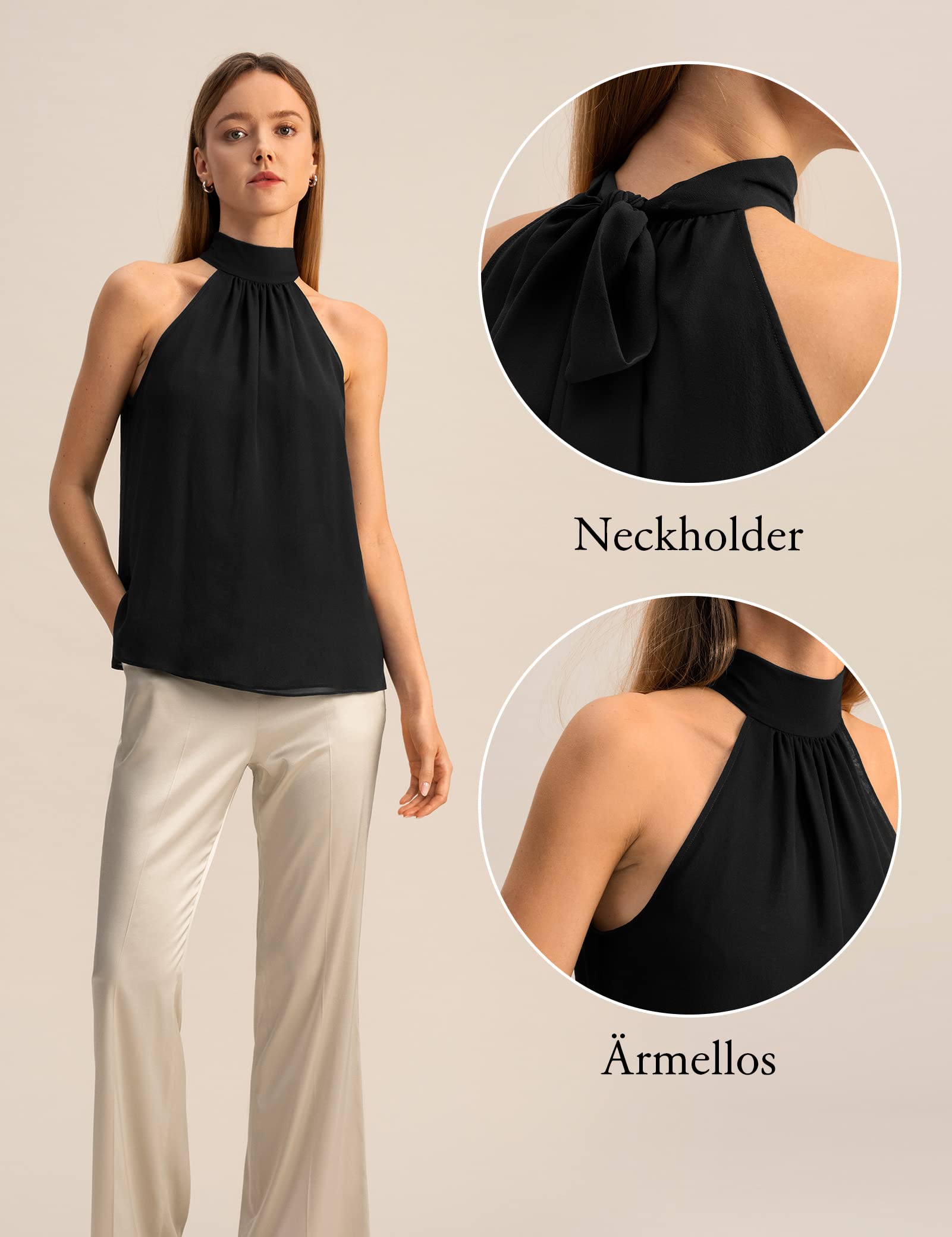 LilySilk Damen-Bluse aus Reiner Seide, Elegantes, ärmelloses Neckholder-Oberteil aus Georgette für Frühlings- und Sommerarbeiten, lässige Partys