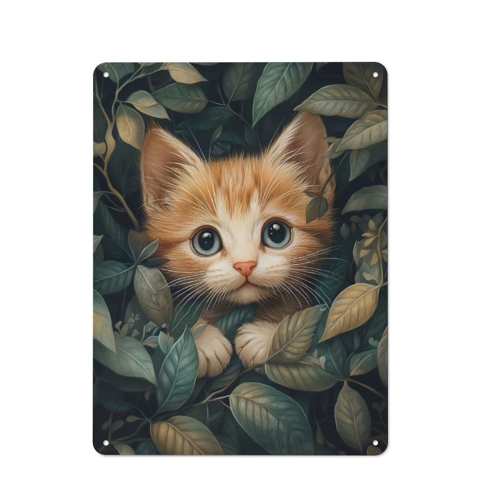 40x30cm Retro Metal Plaque with Kitten Hiding In Leaves for Garage Or Workshop, Housewarming Present for People Styling Garage And Workshop