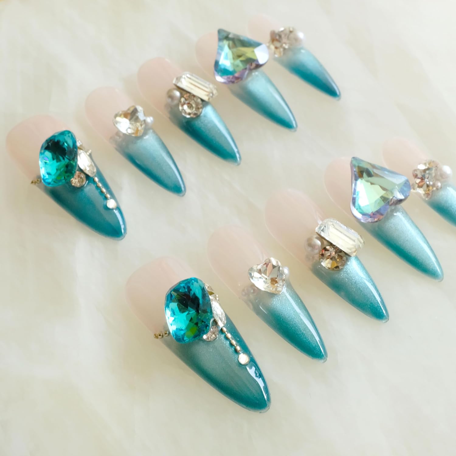Luxury Long Stiletto Press-On Nails, Turquoise Blue Stiletto with 3D Crystals and Pearls, Handmade False Nail 10 Pieces (Medium, LS)