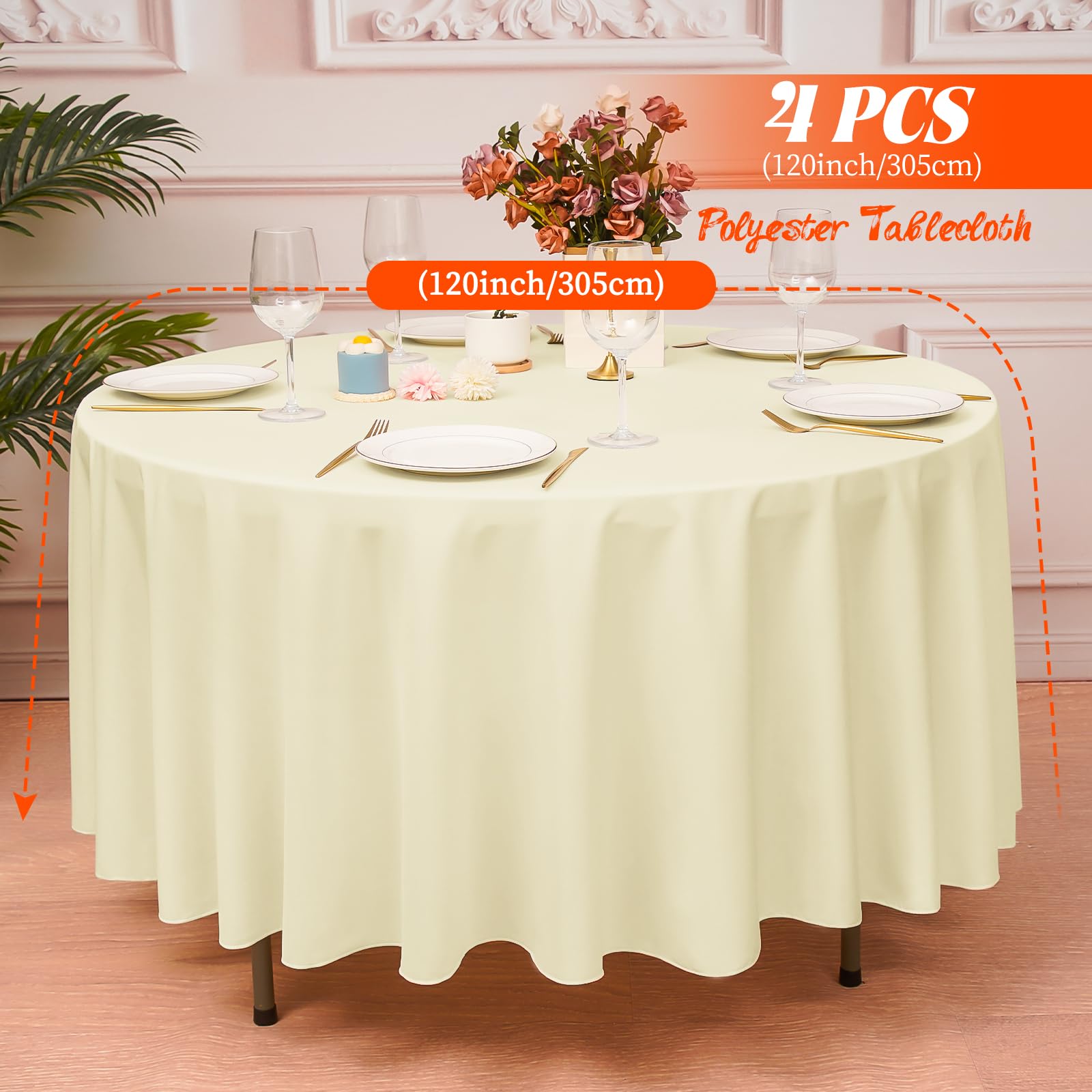Paquete de 4 manteles redondos beige de 305 cm, de poliéster, impermeables, resistentes a las manchas y a las arrugas, de tela lavable, para fiestas, bodas, banquetes, cenas