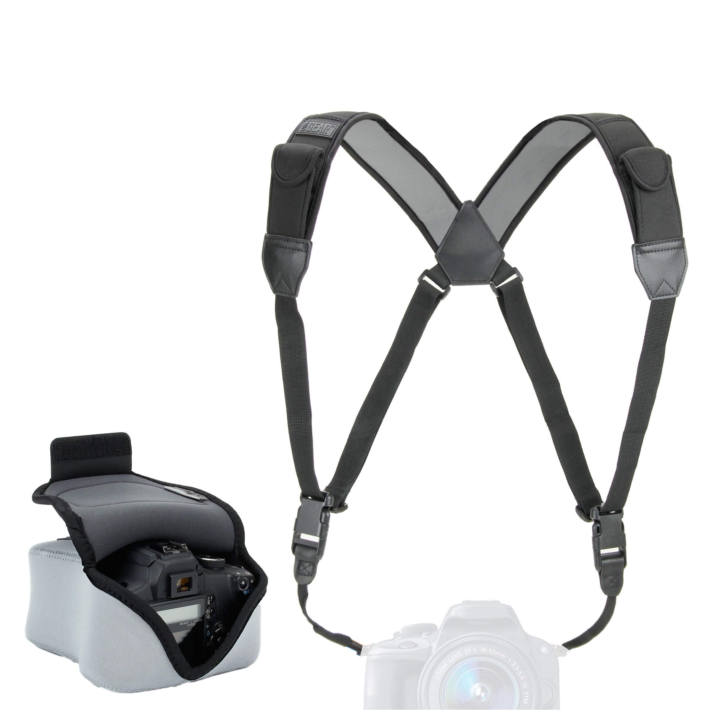 USA Gear Étui pour Appareil Photo (Gris) + Harnais de Poitrine (Noir), Lot