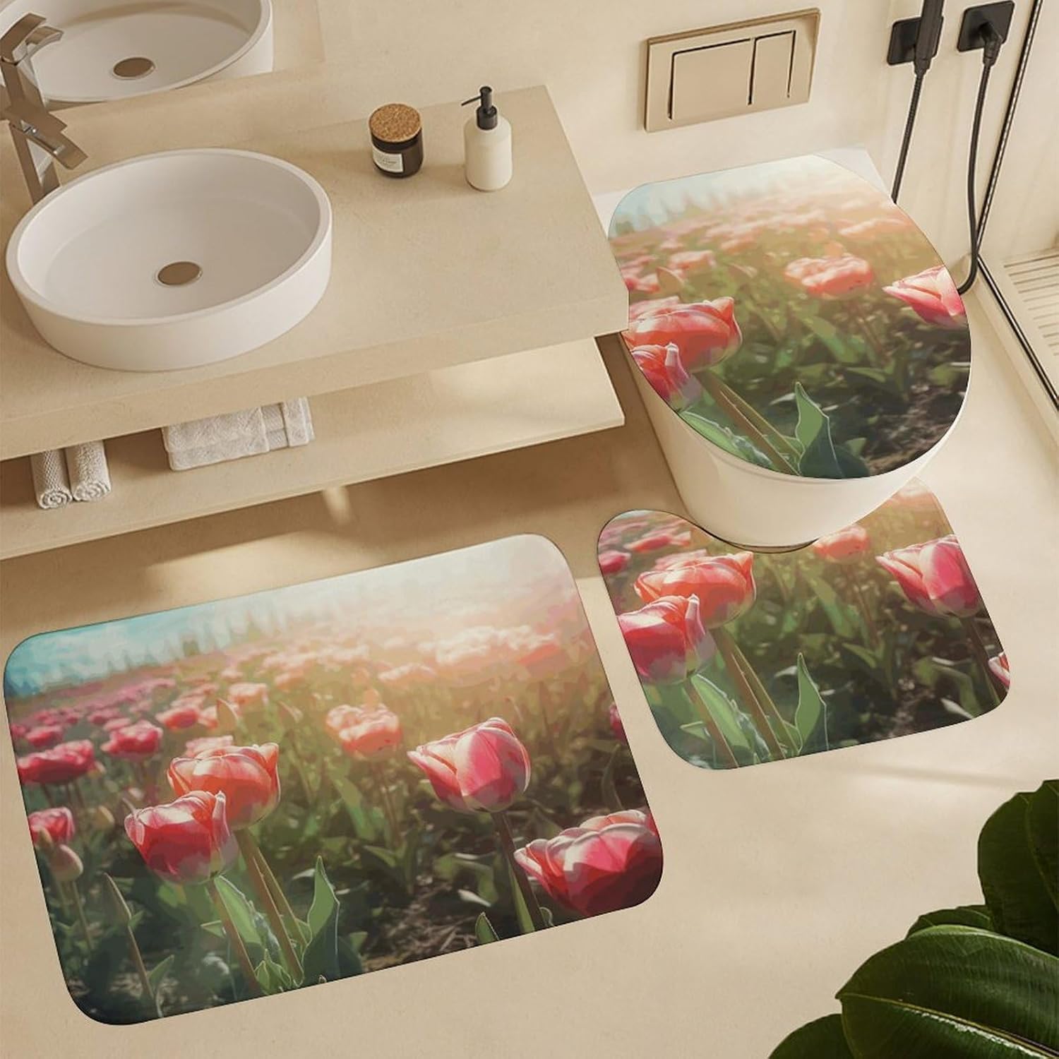 Flowers on Sunlight Background 4Pcs Shower Curtain Set with Non-Slip Rugs, Toilet Lid Cover and Bath Mat,Bathroom Set Decor Accessories,Curtain Set with 12 Hooks, 72 X 72 Inch