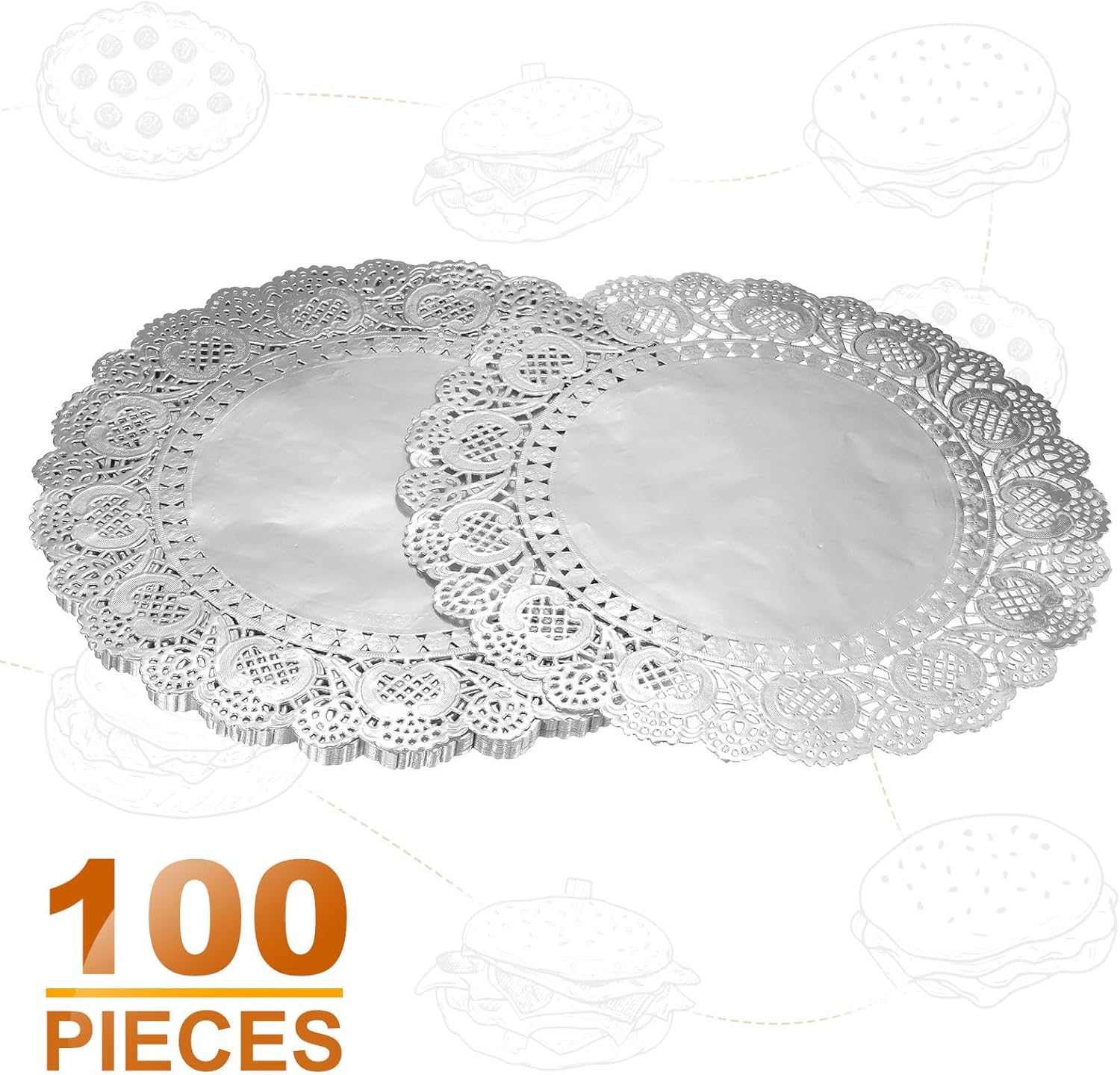 HARFINGTON 100pcs Lace Paper Doilies 12 Inch Silver Round Disposable Decorative Paper Placemats Hollow Flower Absorbing Papers for Cakes Desserts Food Decoration Wedding Birthday