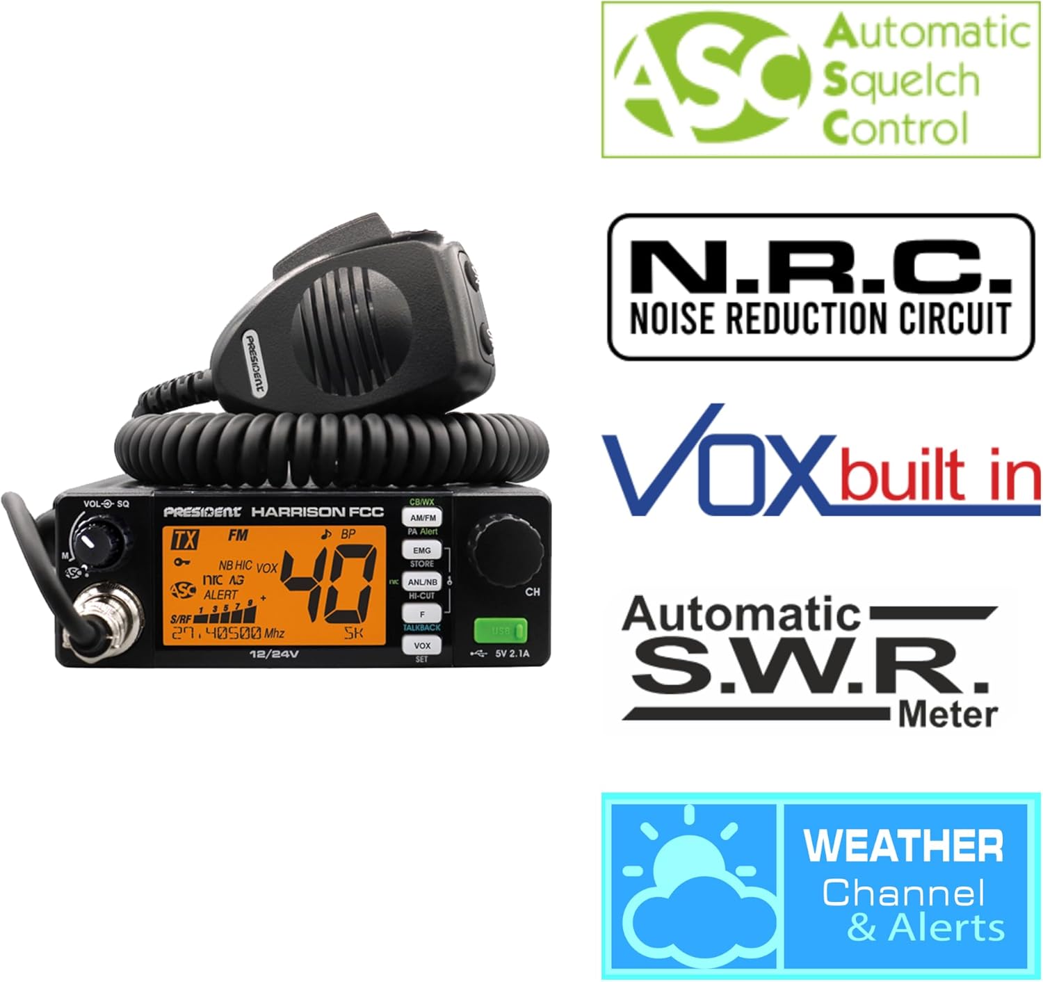 Harrison FCC AM/FM CB Radio with DIGIMIKE Microphone, CTCSS/DCS, Large 7 Color LCD Display, Weather Channel/Alert, ASC, VOX, Scan Skip, USB Port, NRC, Automatic SWR, PA, with Keychain