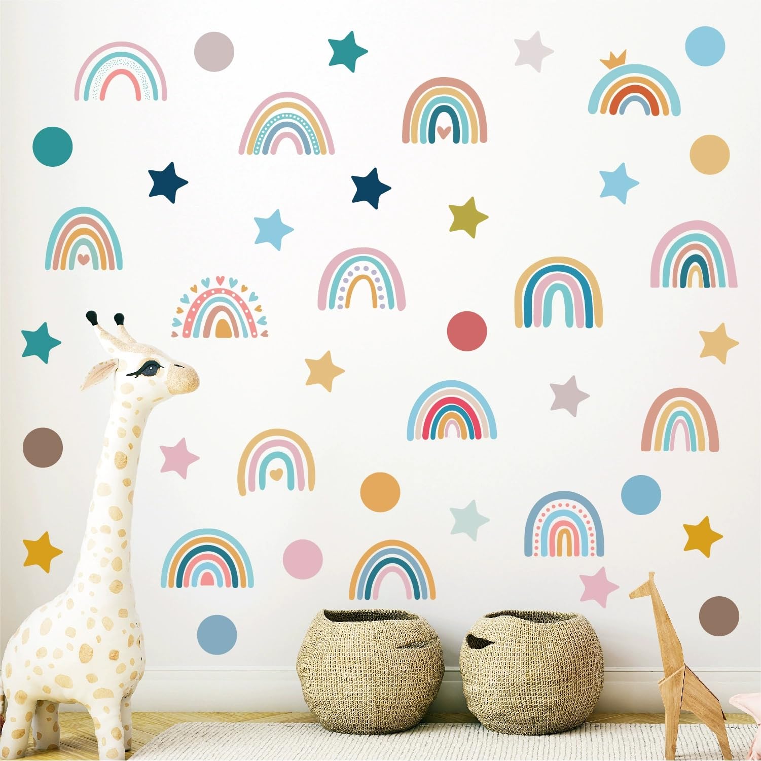 76PCS Colour Rainbow Wall Stickers,Watercolor Rainbows Star-Wall Decals,Boho Wall Art for Ceiling Girls Wall Sticker for Kids Girls Boys Baby Nursery Bedroom Living Room Childrens DIY Home Decor