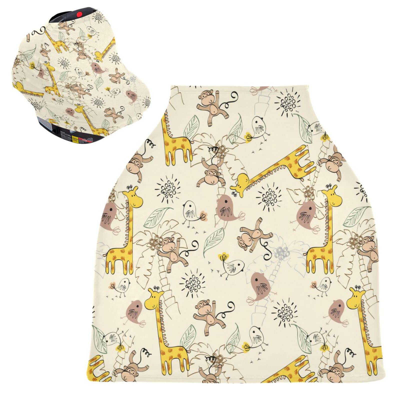 Giraffe Monkey Animals Baby Car Seat Covers Bird Palm Leaf Carseat Canopy Soft Infant Stroller Cover Nursing Breastfeeding Covers for Girls Boys Newborn Fit Summer Spring Autumn