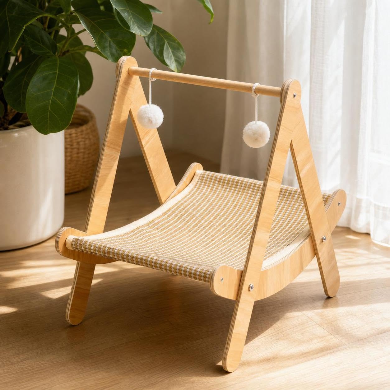 Amaca Gatto in Legno Sisal e Cuccia, Tiragraffi per Gatti Adulti, per il riposo, Amaca per gatti in legno, design a dondolo, doppio strato con superficie in sisal