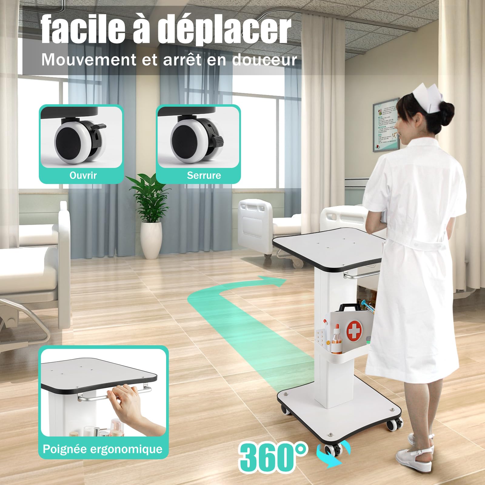 Chariot médical Beauty Salon 40 kg métal bois blanc