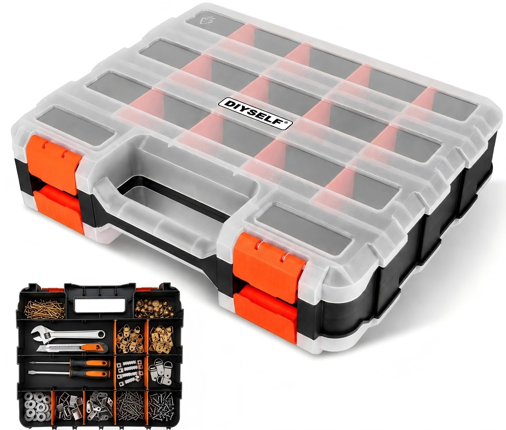 DIYSELF Organizer per viti, organizer a 34 scomparti per piccole parti, organizer per hardware con spazio regolabile, scatola portaoggetti con coperchio trasparente per hardware, artigianato, perline