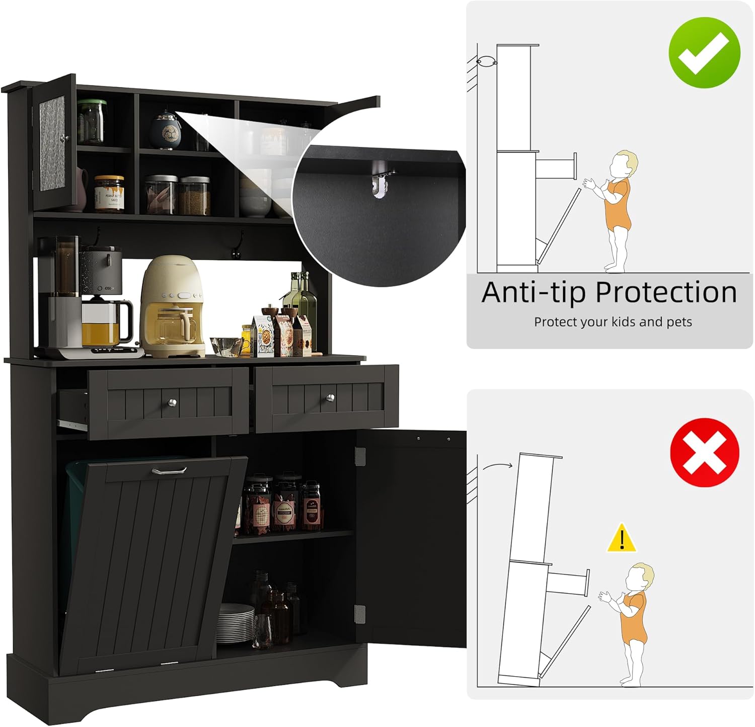 KIGOTY 68" Kitchen Pantry Storage Cabinet, Freestanding Cupboard with Tilt Out Trash Holder,Tall Storage Cabinet with Doors and 2 Drawers for Kitchen (Black)