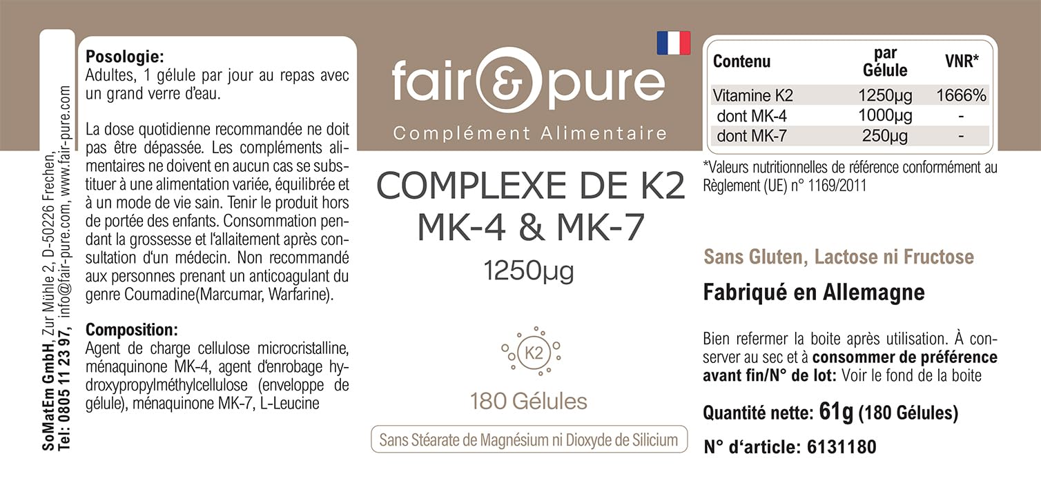 Fair & Pure® - Complexe de K2 1250µg MK-4 & MK-7 - végan - dosage élevé - 180 gélules