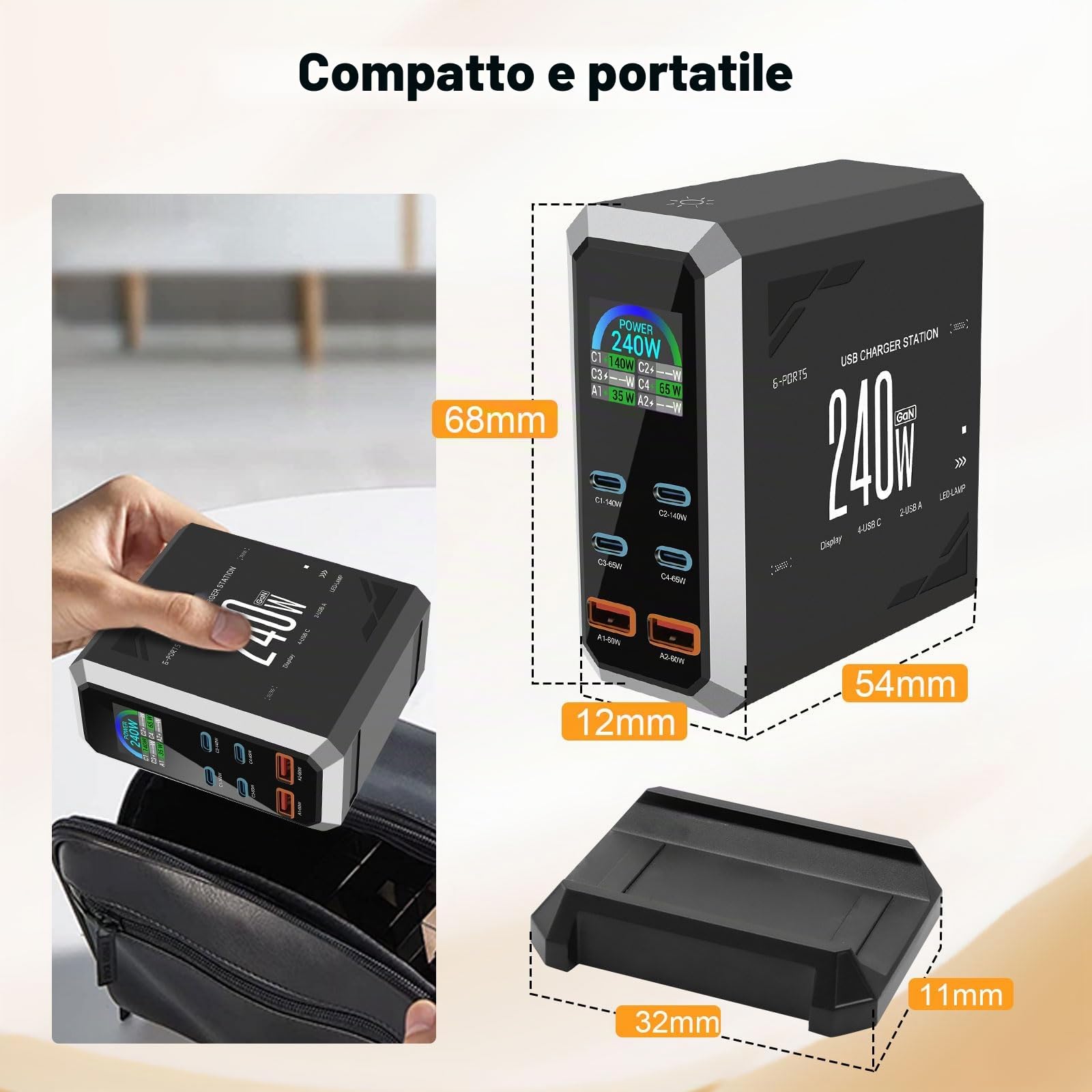 240W Caricatore USB Multiplo - 6 Porte (4 USB-C + 2 USB-A) con Ricarica Rapida, Stazione di Ricarica Compatta per Multi Dispositivi, Compatibile con MacBook, iPad, iPhone, Galaxy S22/S20, DELL, HP