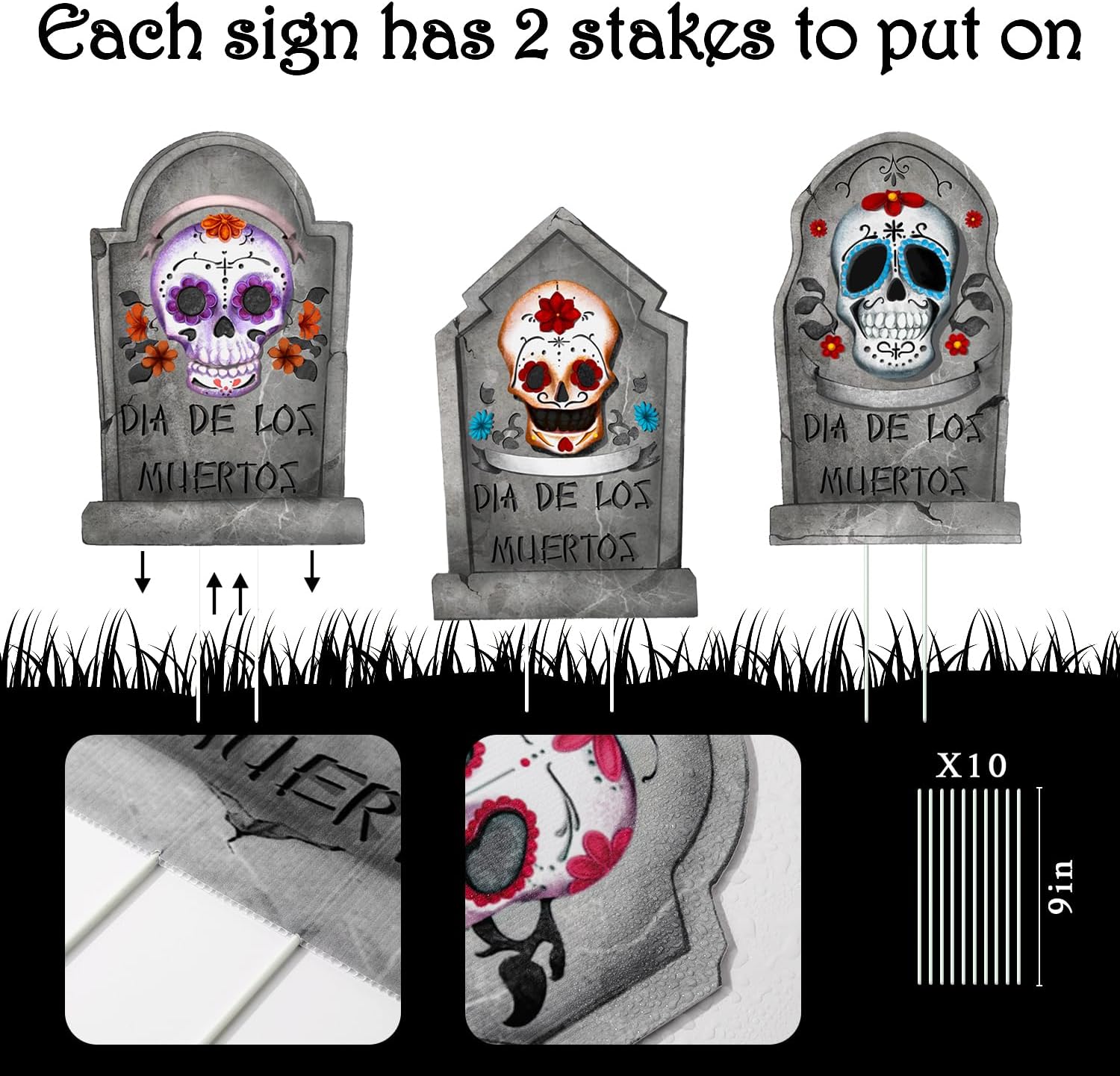 Halloween Decorations Outdoor Graveyard Tombstones: 4ct Large Tombstone Halloween Decor, Dia De Los Muertos Yard Signs with Stakes, Skeleton Gravestones Day of The Dead Decorations, Yard Lawn Outside - Image 3