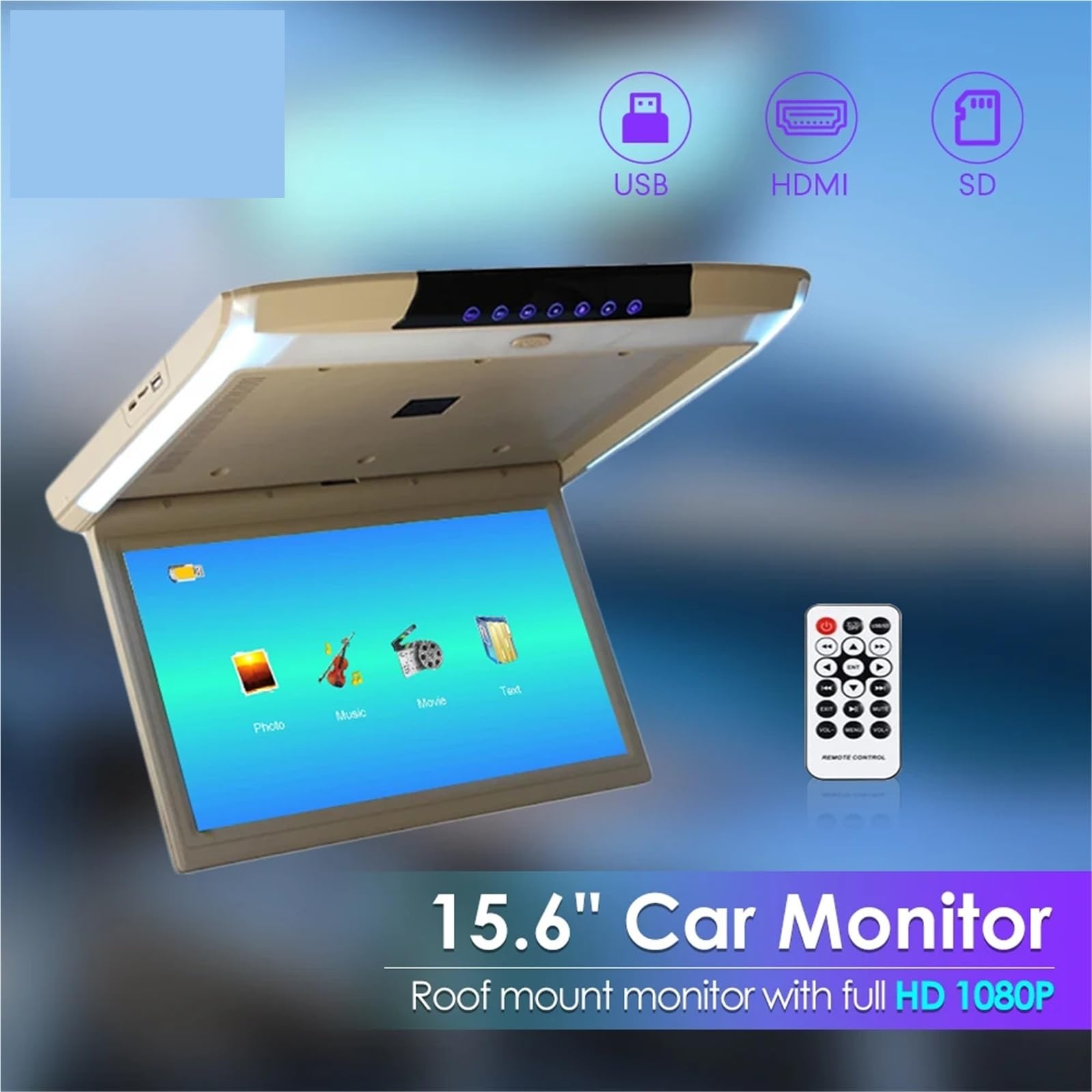 15.6 Inch Car Roof Monitor TV Flip Down 1080P Video HD Screen MP5 Player IPS Screen With Blue Ambient Light(Black)