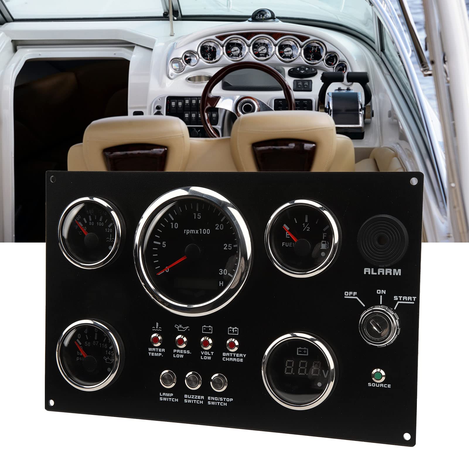 Complete 5-Gauge Marine Dashboard Panel Kit For Boats – High-Accuracy Water Temp, Oil, RPM & Voltage Gauges