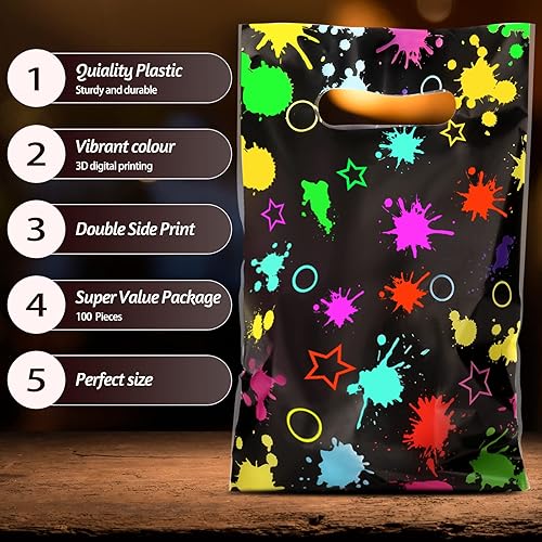 Miniatura 6 de Spakon Paquete de 100 bolsas de neón para recuerdos de fiesta, con texto en inglés "Let's Glow in the Dark", suministros de plástico coloridos,