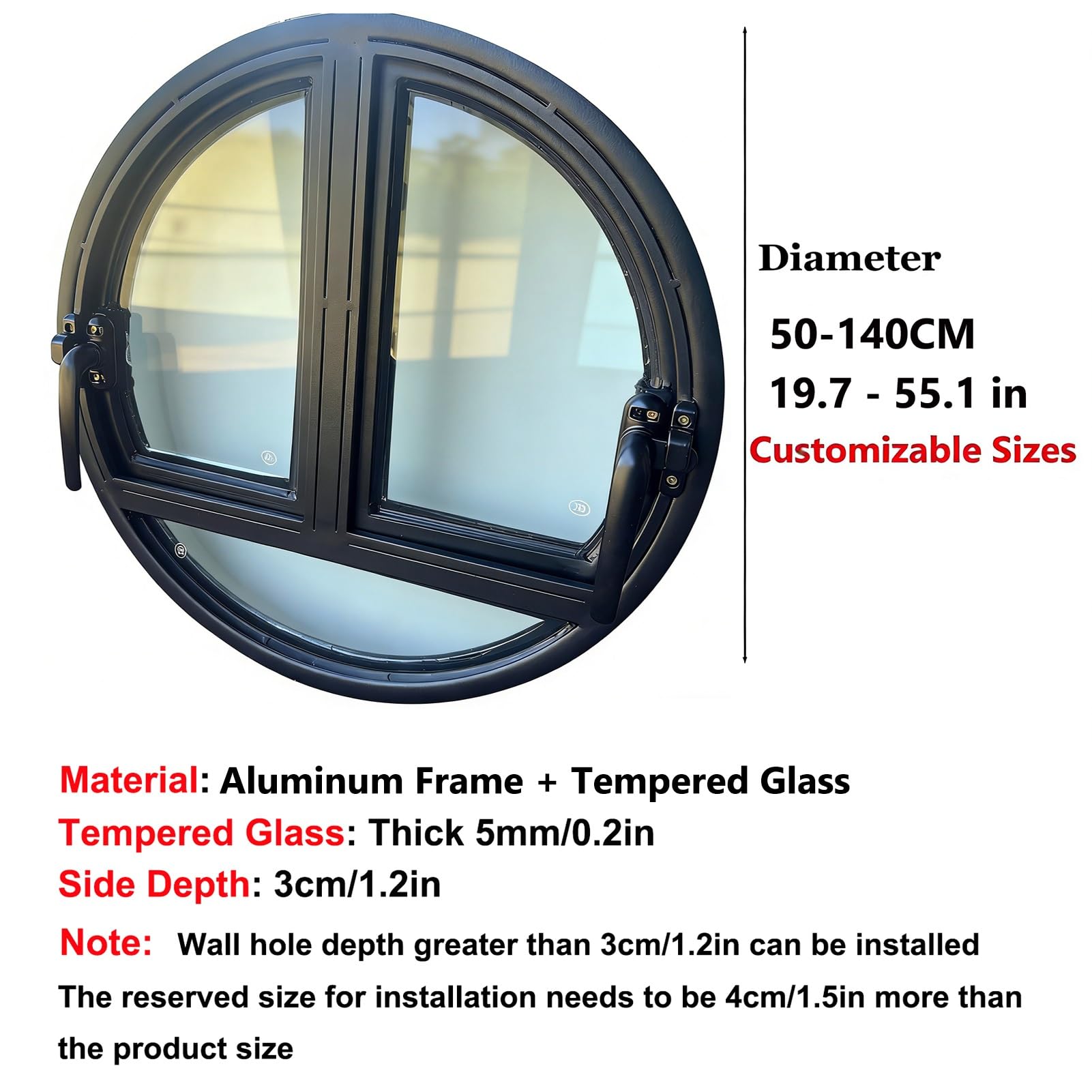 Ventana Ventana Redonda abatible de Doble Apertura empotrada con Vidrio Templado, reemplazo Decorativo para baños, Salas de Estar, hoteles y cafeterías(Black,86 cm/33.9 in)