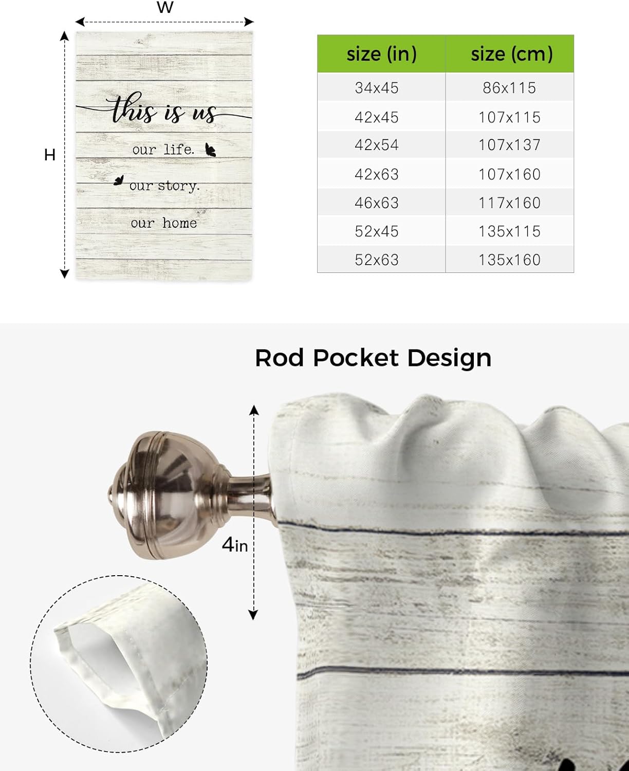 Yukro Tie Up Curtains Window Shades, This is Us Our Life Our Story Our Home Rod Pocket Tie Up Window Shade, Adjustable Balloon Curtain Shade for Blinds Kitchen Bathroom, 1 Panel, 52"x63"