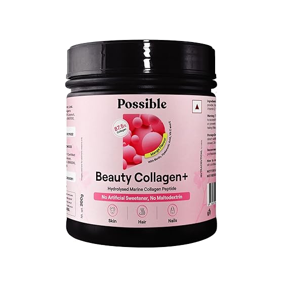 Possible Beauty Collagen+ for Men&Women | Marine Collagen Powder with Biotin,Hyaluronic Acid,Vitamins C&E for Hair, Nails,Skin Radiance & Anti-Aging | Mango Flavour | No Artificial Sweetener 200 gms(Pack of 1)