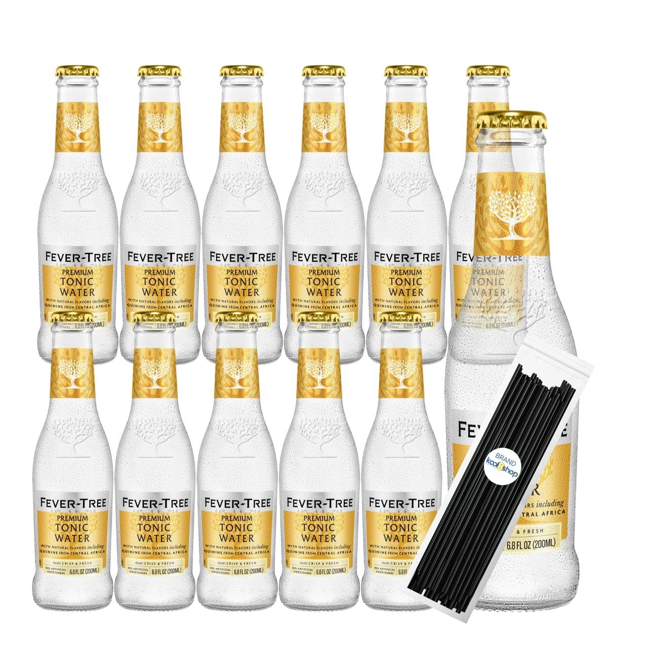 Fever-TreeTonic Water Premium Cocktail Mixer 6.8 fl oz Glass Bottles 12 Pack + 20 Plastic Stirrer Sticks by KOOL8SHOP Infinite Deals