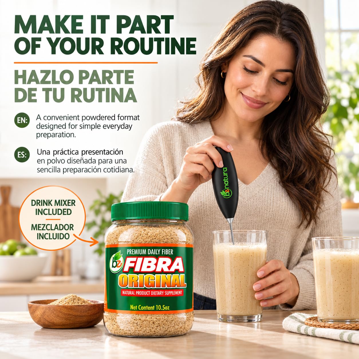 BE Fibra–Daily Fiber Drink Mix, 10.5 oz, with Vitamins A, B12, C & D, Includes Drink Mixer,Plant-Based Formula, Vegan, Non-GMO, Authentic by BexpertsUSA — Amazon image 6