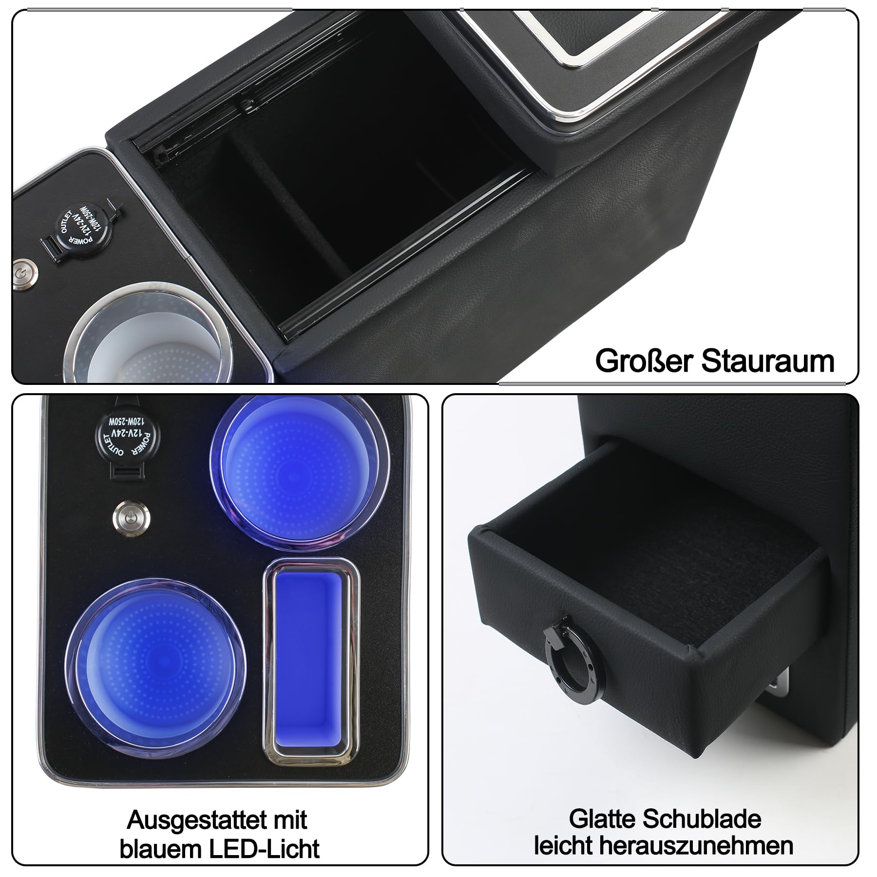 Konsola środkowa z półkami, schowek, błyszcząca skóra, konsola środkowa, akcesoria z lampkami USB LED, do zapalniczki samochodowej, uchwyt na napoje, uchwyt na telefon, kompatybilny z VW T4,