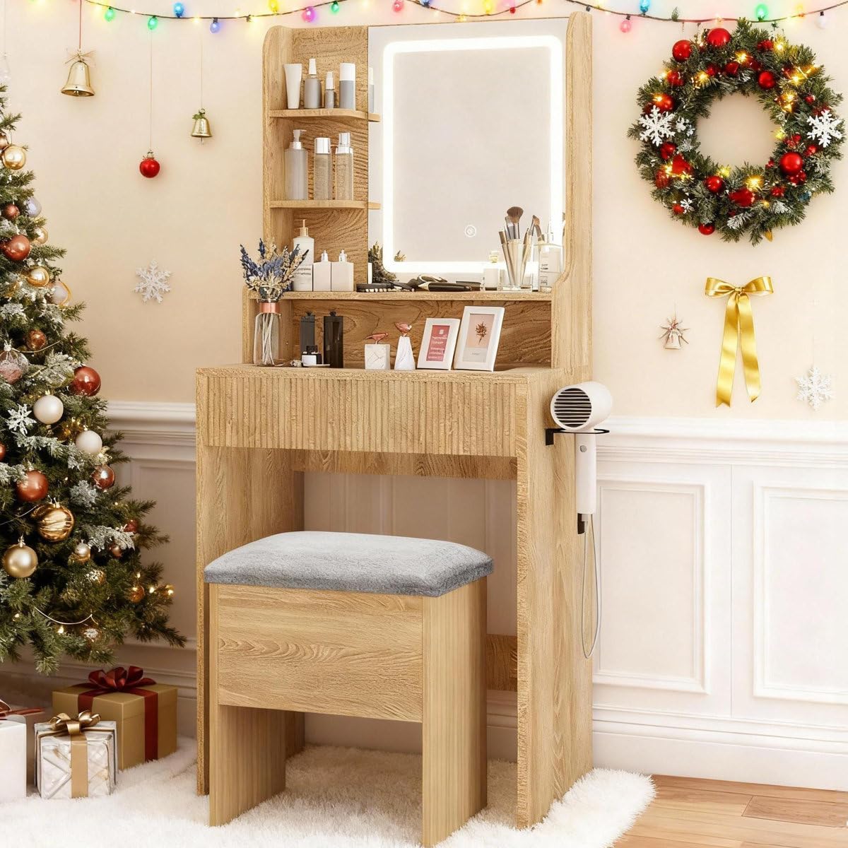 Ozone Engineering Wood Makeup Vanity Desk with LED Mirror and Stool | Natural Oak Finish, Lighted Mirror, Modern Design, Includes Stool-image-17