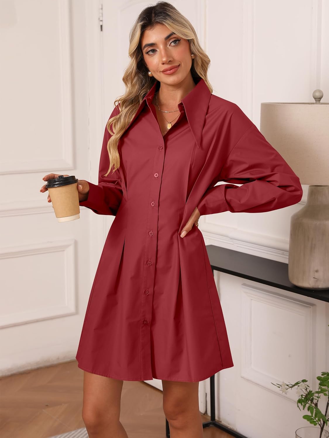 Womens Button Down Shirt Dresses Cotton Button Up Tunics Long Sleeve Solid High Low Blouse Waist Up Dress - Image 6