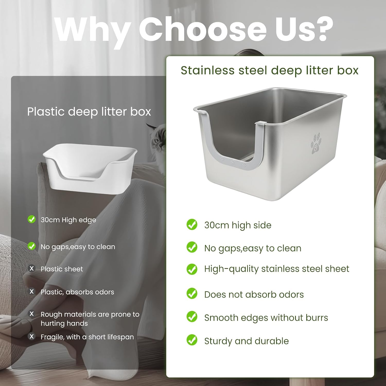 Stainless Steel Litter Box with 11.7" High Sides, XL Metal Litter Box with Low Entry, Large Kitten Litter Pan for Big & Multi Cats, Smooth Rounded Edges Pet Toilet, Odorless, Anti-Leak, Non-Slip