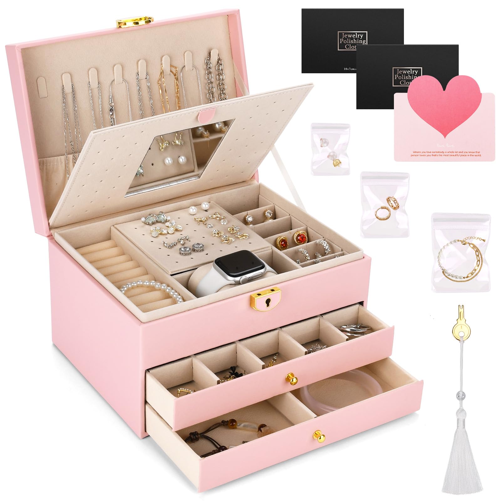 Joyeros Mujer Organizador,Caja de Joyas de tres niveles,Caja Joyero de viaje para collares,aretes,pulseras y anillos,con llaves y cerraduras.Adecuado tanto para niñas como para mujeres