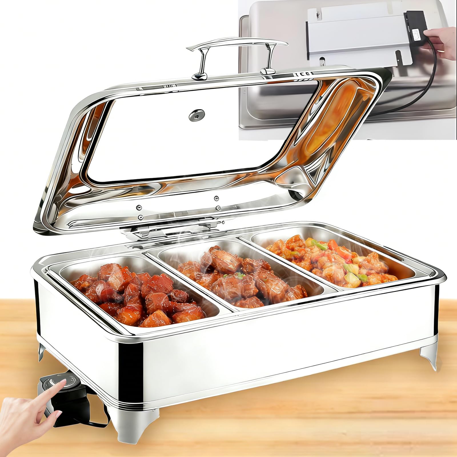 9L Chafing Dish Electrico para Buffet Temperatura Regulable(1/3 Pan) | Calentador de Buffet Electrico Acero Inoxidable, Calentador de Comida Eléctrico Buffet, Catering y Fiestas con Tapa Visible