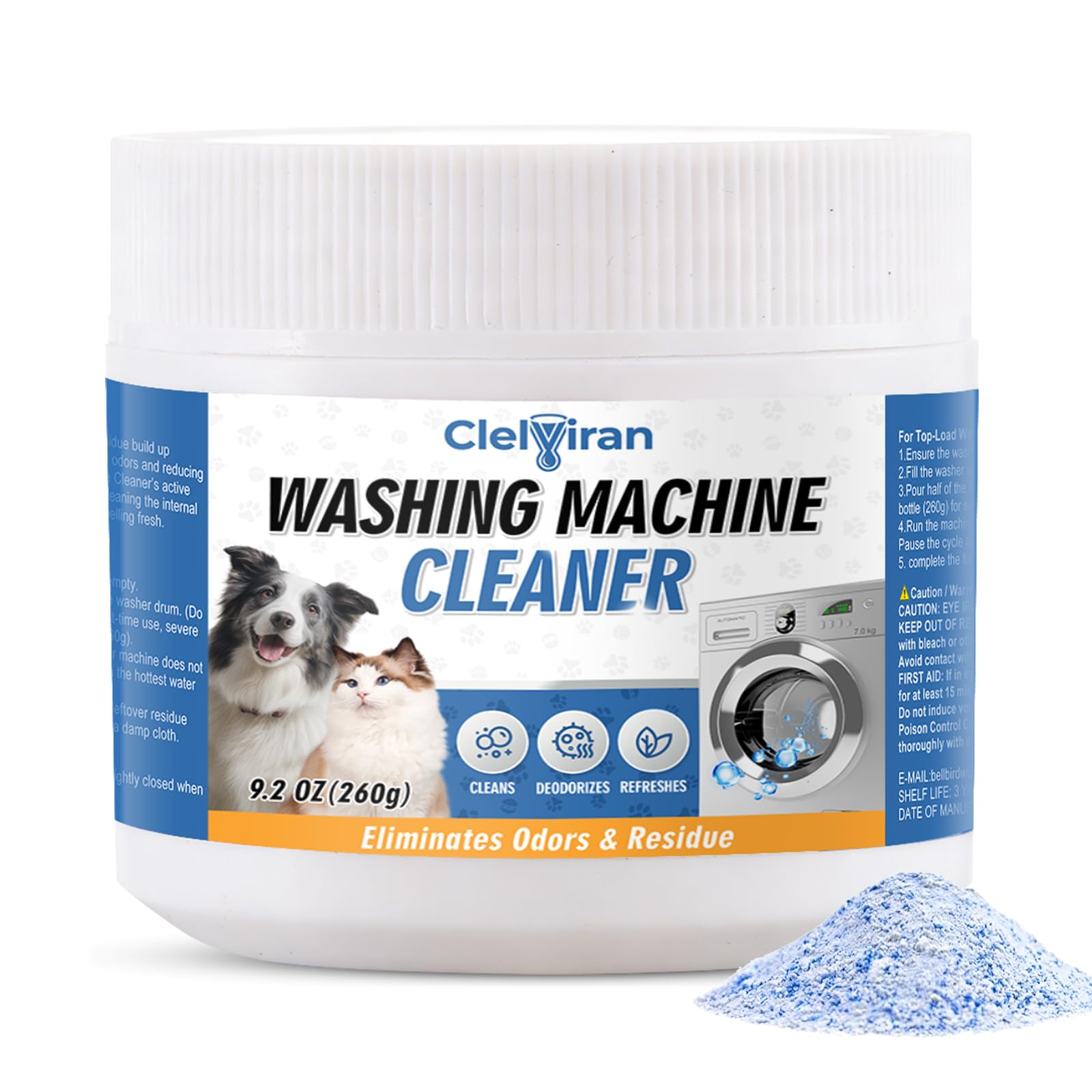 Pet Hair Washing Machine Cleaner Powder, Enzyme Action Removes Odor Causing Residue and Grime Deep Inside Pump, HE Front and Top Load Washer Descaler, Septic Safe (1 Pack)