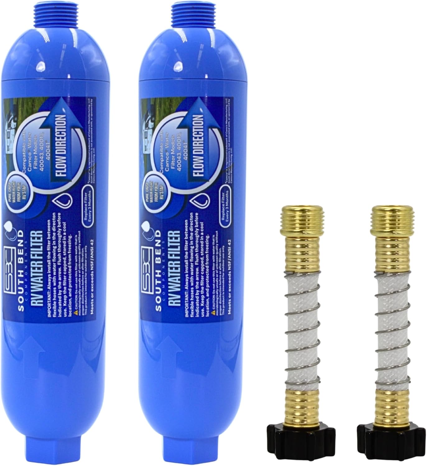South Bend Components Reverse Osmosis (RO) Camper/RV/Boat/Yacht Water Inline Filter- NSF Certified! Includes ¾” Flexible Hose Protector, Compatible with Camco Water Filter, 40043, 40013, 4004 (2-Pack)