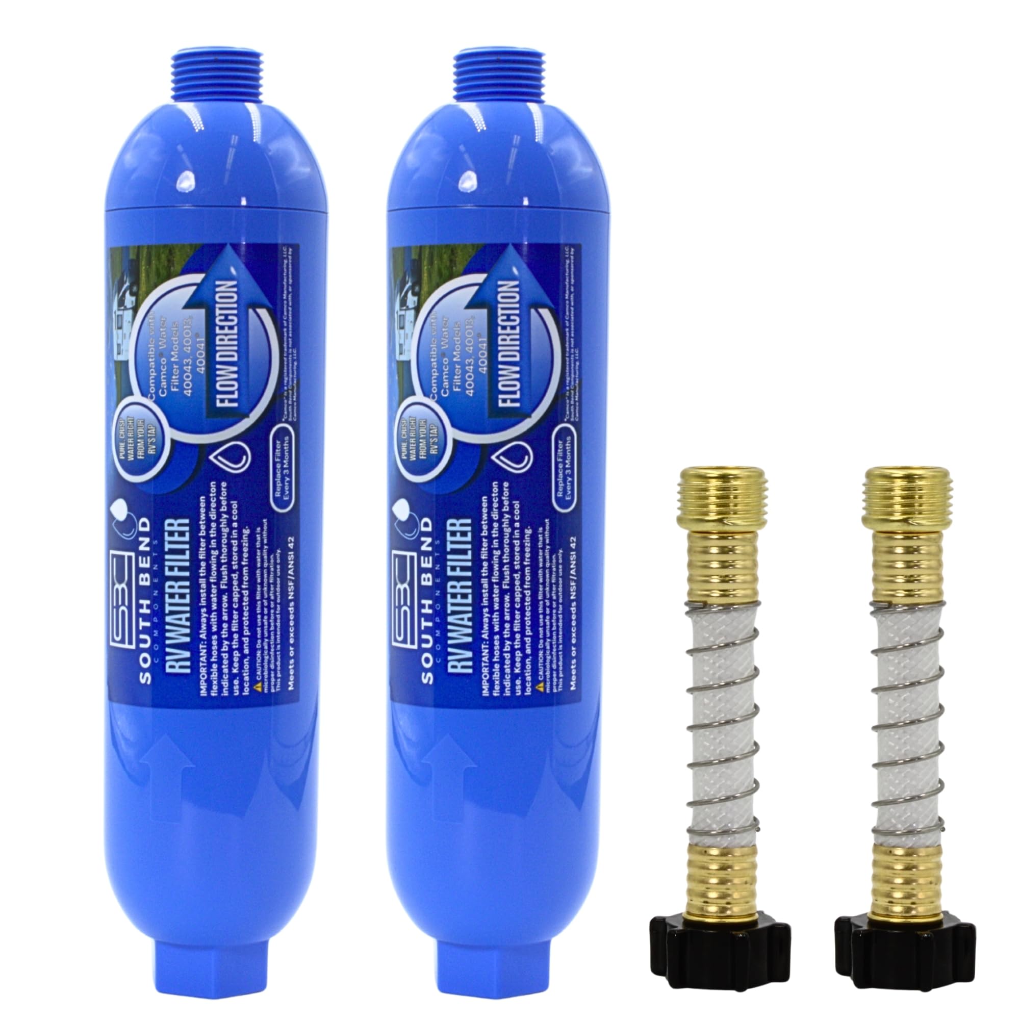 South Bend Components Reverse Osmosis (RO) Camper/RV/Boat/Yacht Water Inline Filter- NSF Certified! Includes ¾” Flexible Hose Protector, Compatible with Camco Water Filter, 40043, 40013, 4004 (2-Pack)