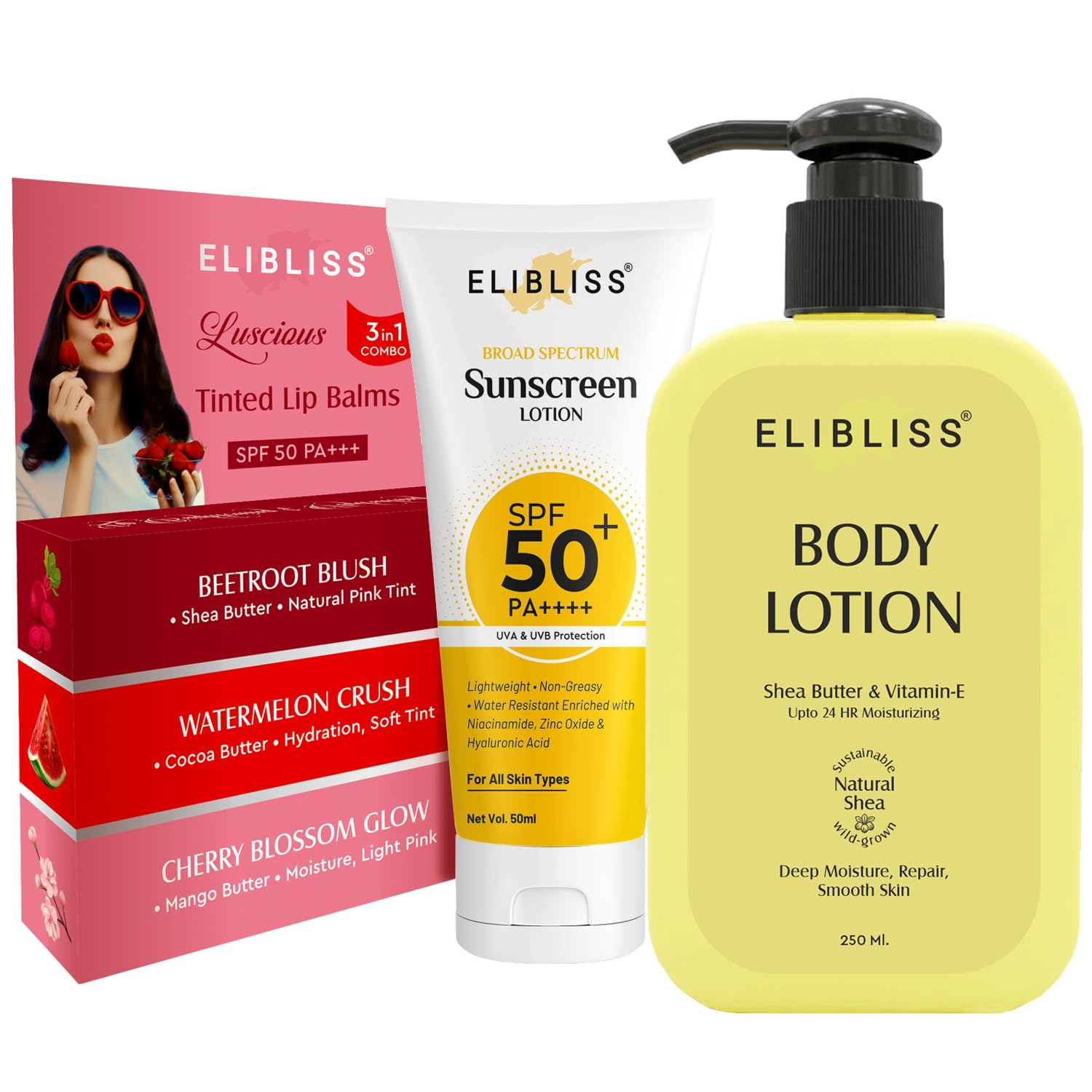 Elibliss Daily Skin and Lip Care Combo | SPF 50+ Broad Spectrum Sunscreen Lotion 50ml | Shea Butter Body Lotion for Moisturising 250ml| 3 in 1 Tinted Lip Balm with Beetroot, Watermelon and Cherry 15g-image-48