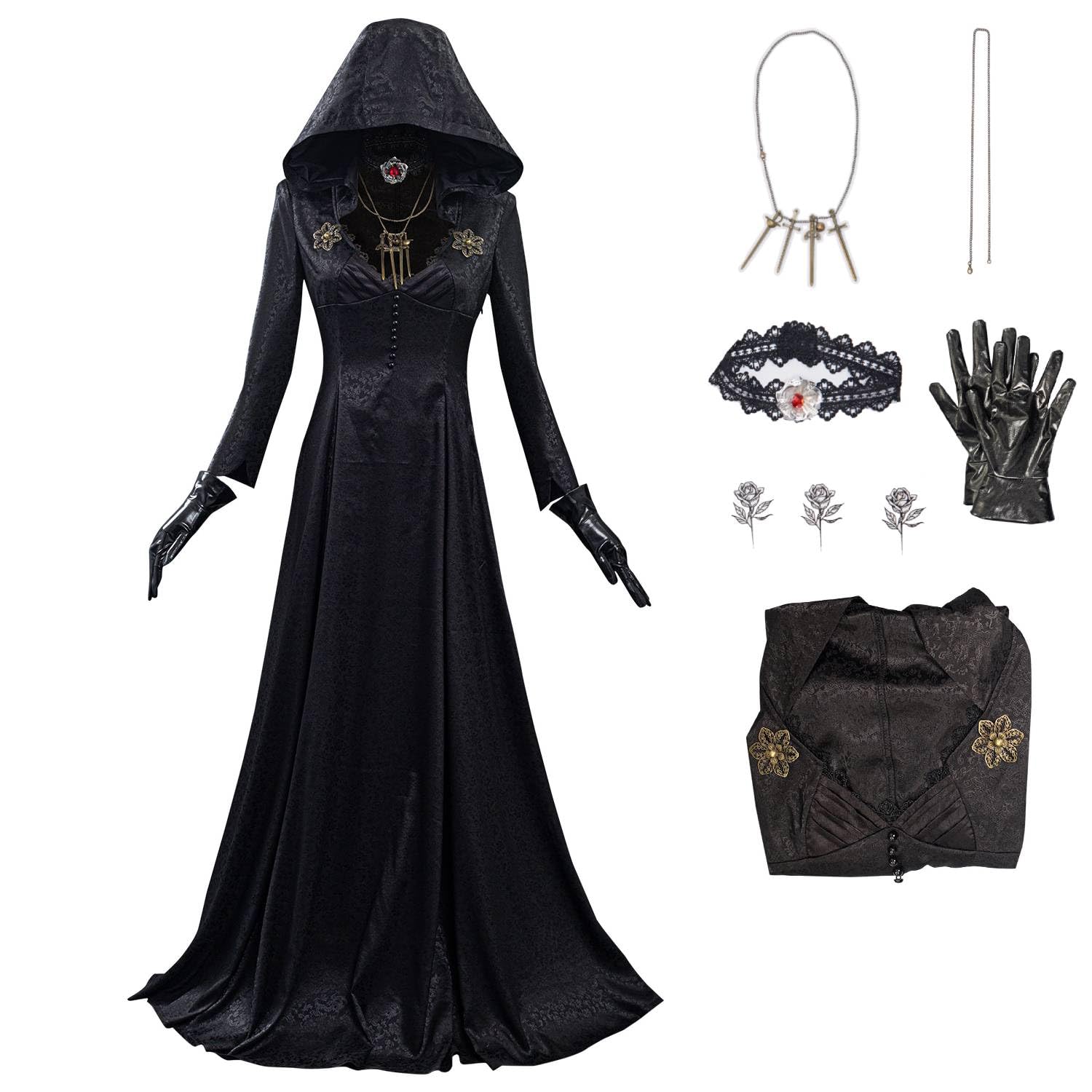 Lady Village Costume Gothic Cosplay Dress Black Hooded Dress Halloween Vampire Cosplay